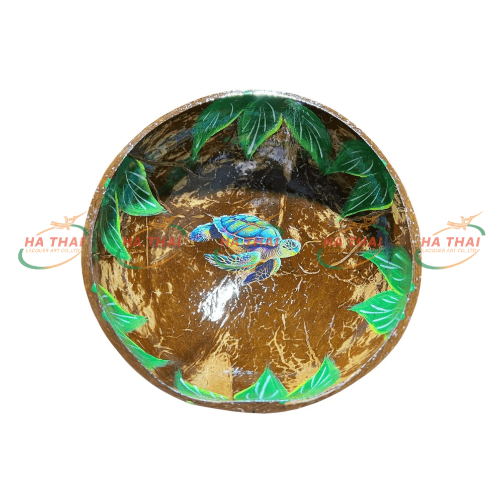 Natural Coconut Bowl With Green Leaf Sea Turtle Pattern (CB027)