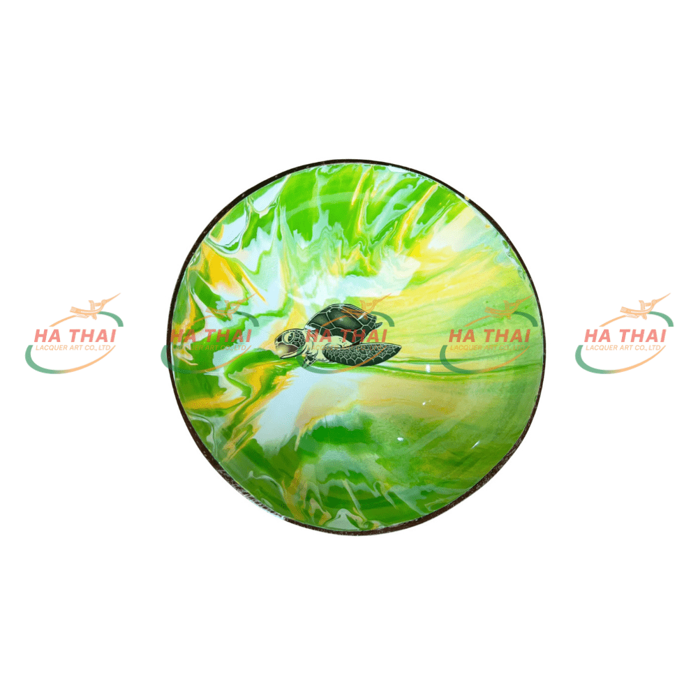 Sea Turtle Lacquer Coconut Bowl On Multi-Colored Stone Background (CB028)