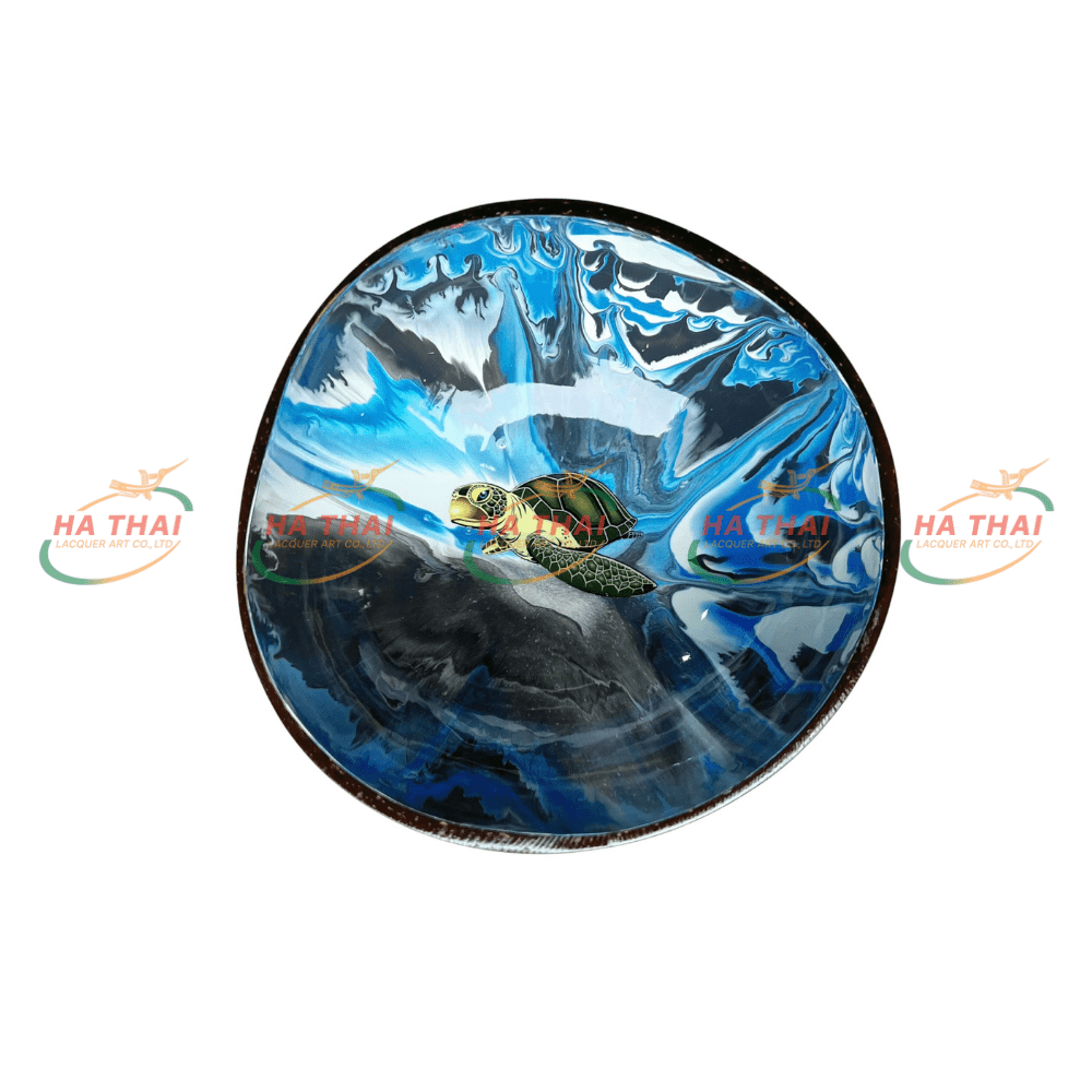Sea Turtle Lacquer Coconut Bowl On Multi-Colored Stone Background (CB028)