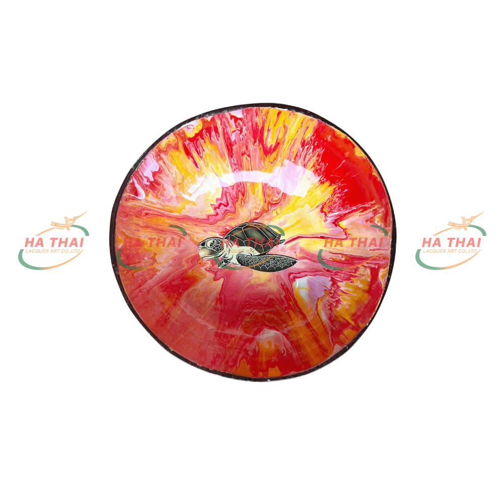 Sea Turtle Lacquer Coconut Bowl On Multi-Colored Stone Background (CB028)