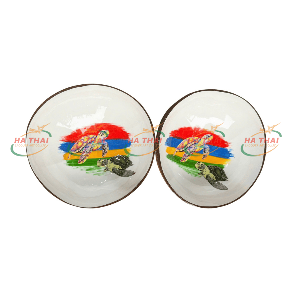 Lacquered Coconut Bowl with Sea Turtle and Mauritius Flag (CB029)