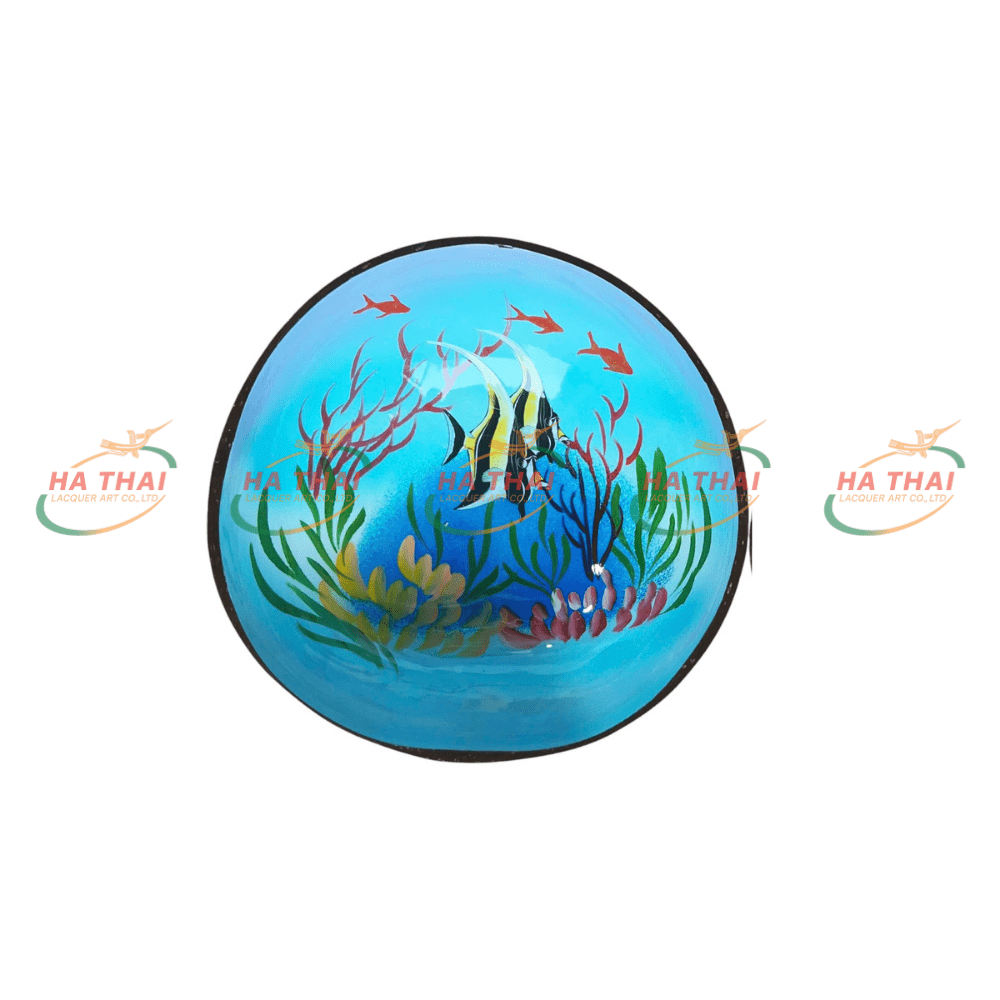 Handcrafted Lacquer Coconut Bowl With Tropical Fish Design (CB032)