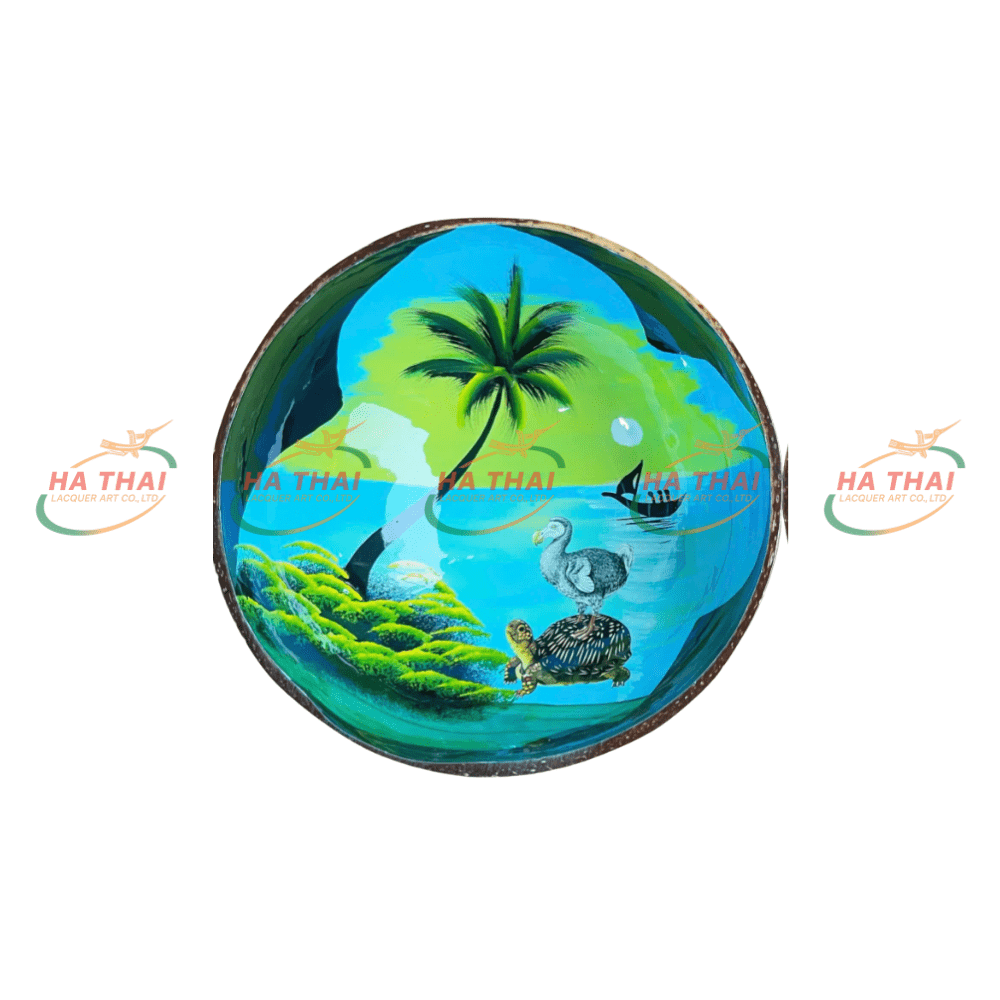 Coconut bowl with beach scene and turtle (CB041)