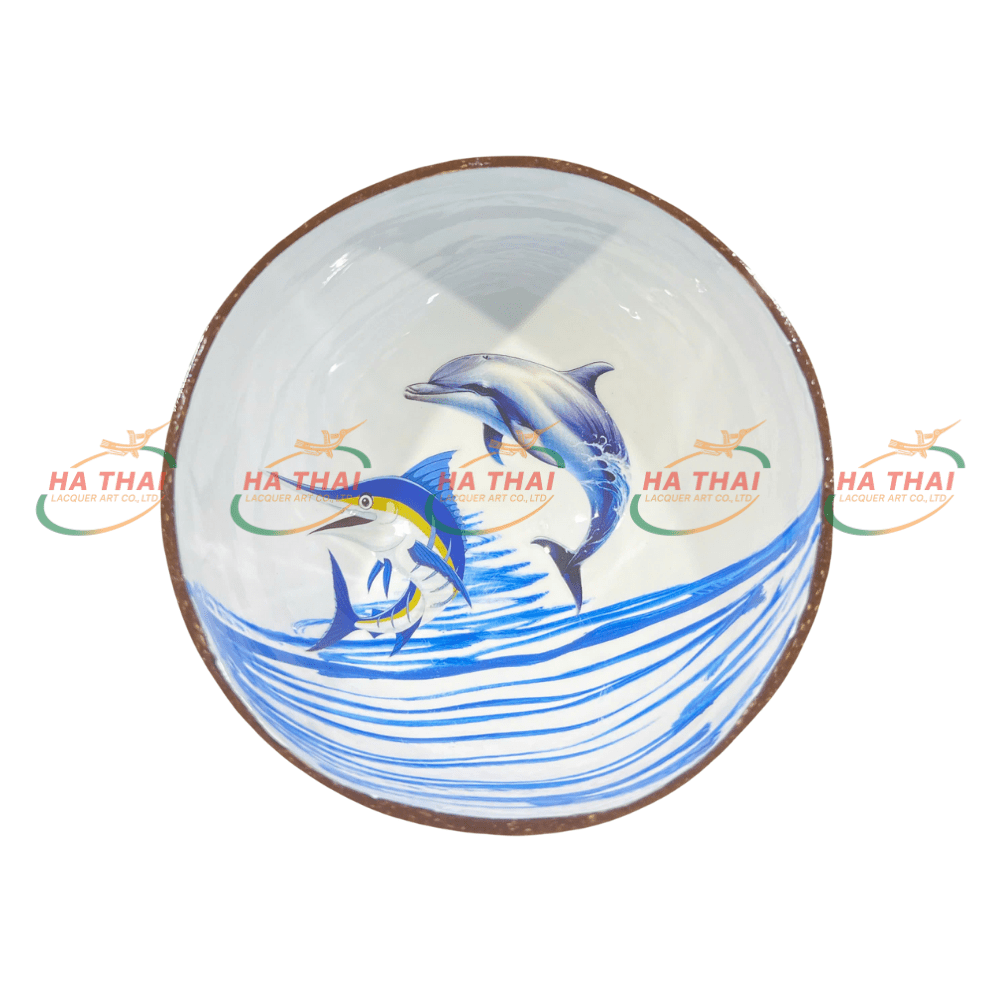 Lacquered coconut bowl with wave and dolphin scene (CB042)