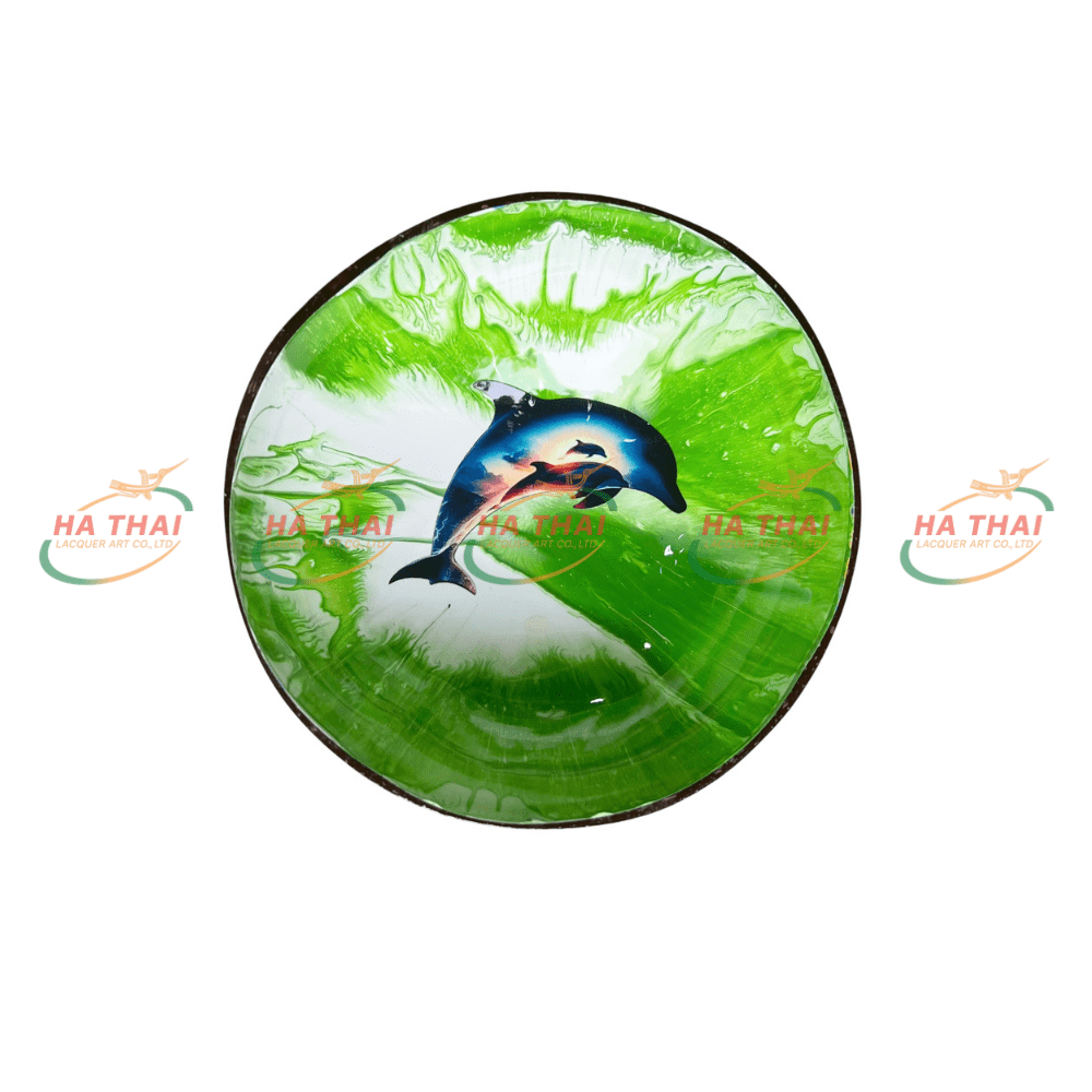 Wholesale Coconut Bowl With Dolphin On Multicolored Stone (CB043)