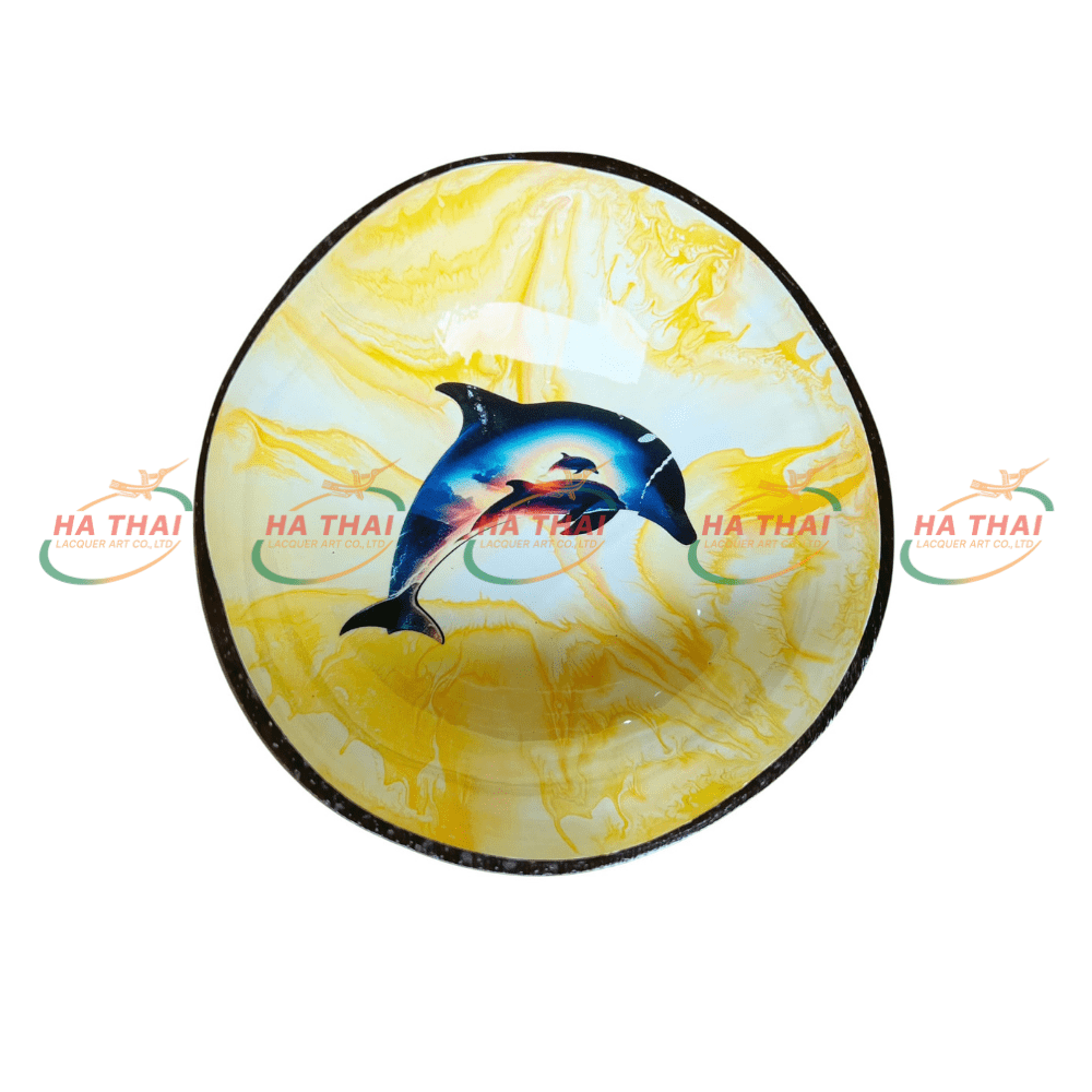 Wholesale Coconut Bowl With Dolphin On Multicolored Stone (CB043)