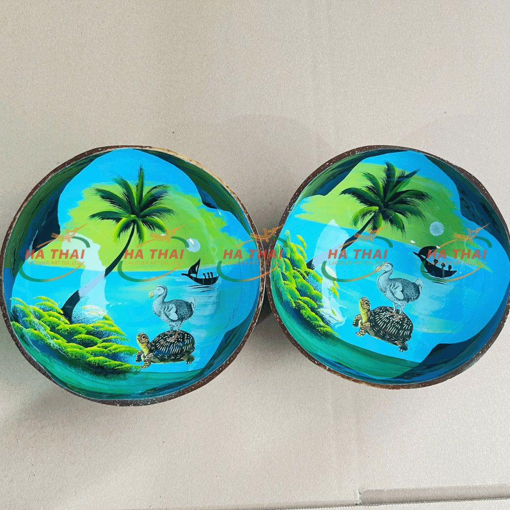 Wholesale lacquer coconut bowl seascape and turtle (CB046)