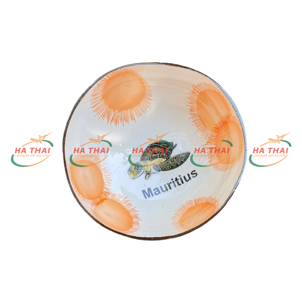 Custom designed lacquered coconut bowl with turtle motif (CB047)