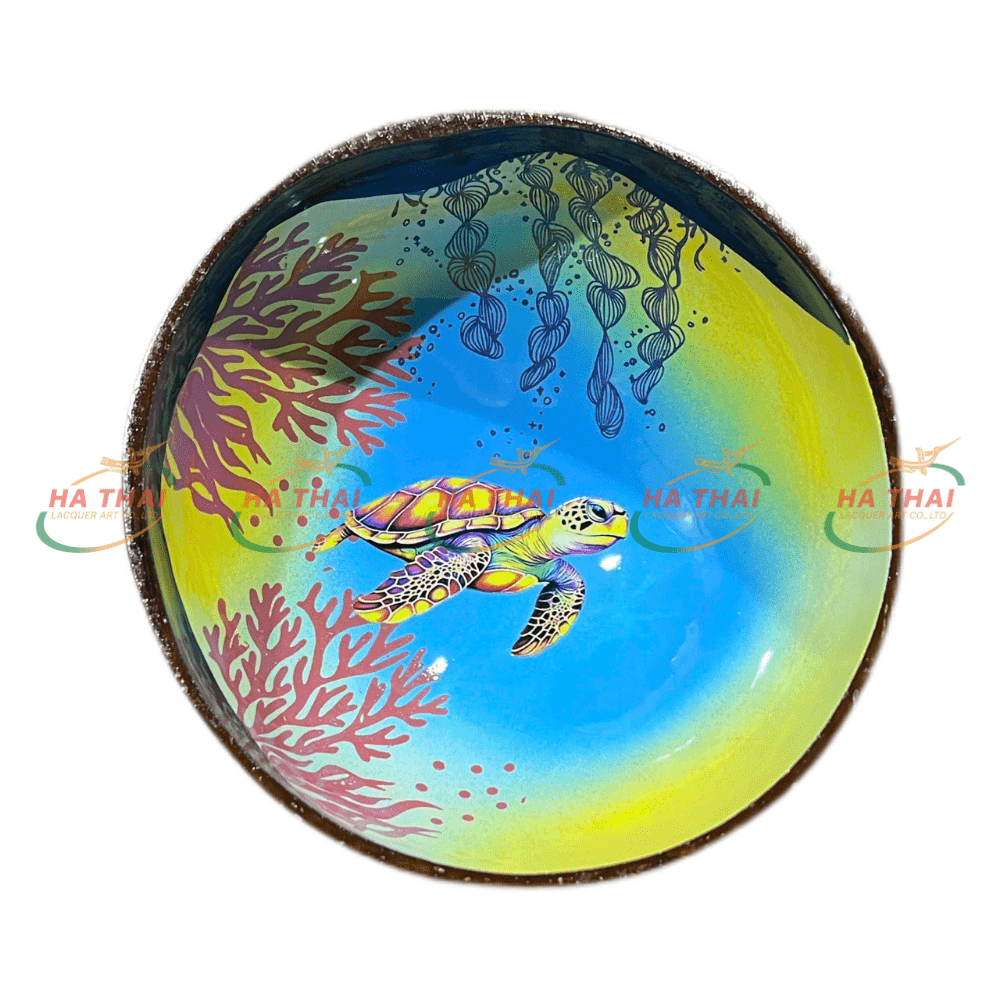 Coconut Shell Bowl with Fresh Green Seascape and Turtle (CB074)