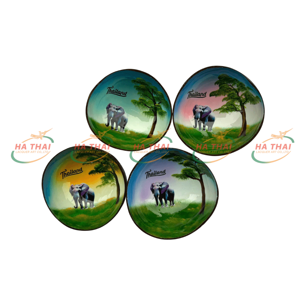 Sunset Coconut Shell Bowl with Elephant Scene in the Forest (CB067)