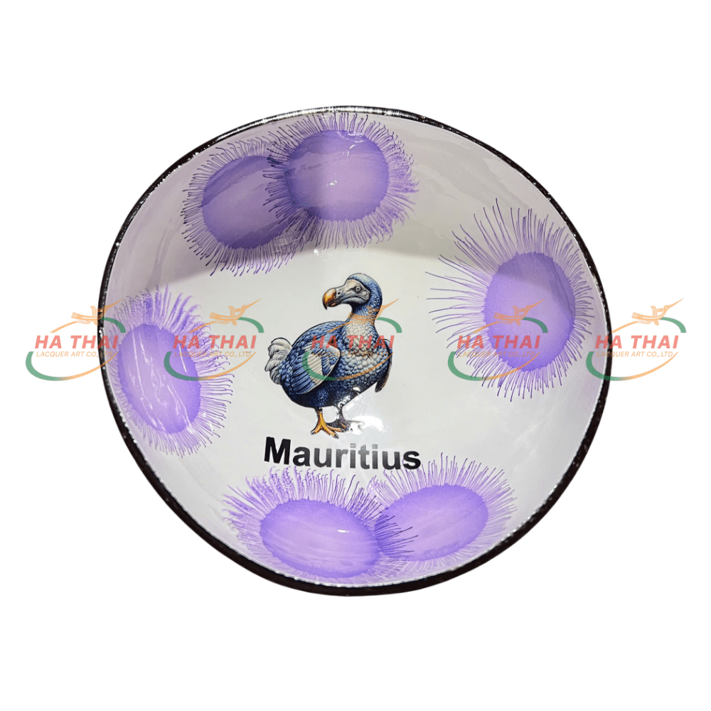 Mauritius Coconut Shell Bowl With Dodo Duck Painted On Purple Background (CB066)