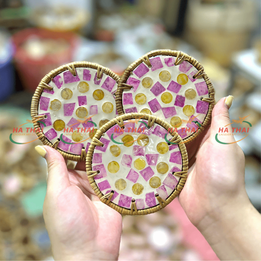Geometric Mother-of-Pearl Coaster With Yellow & Purple - HC11