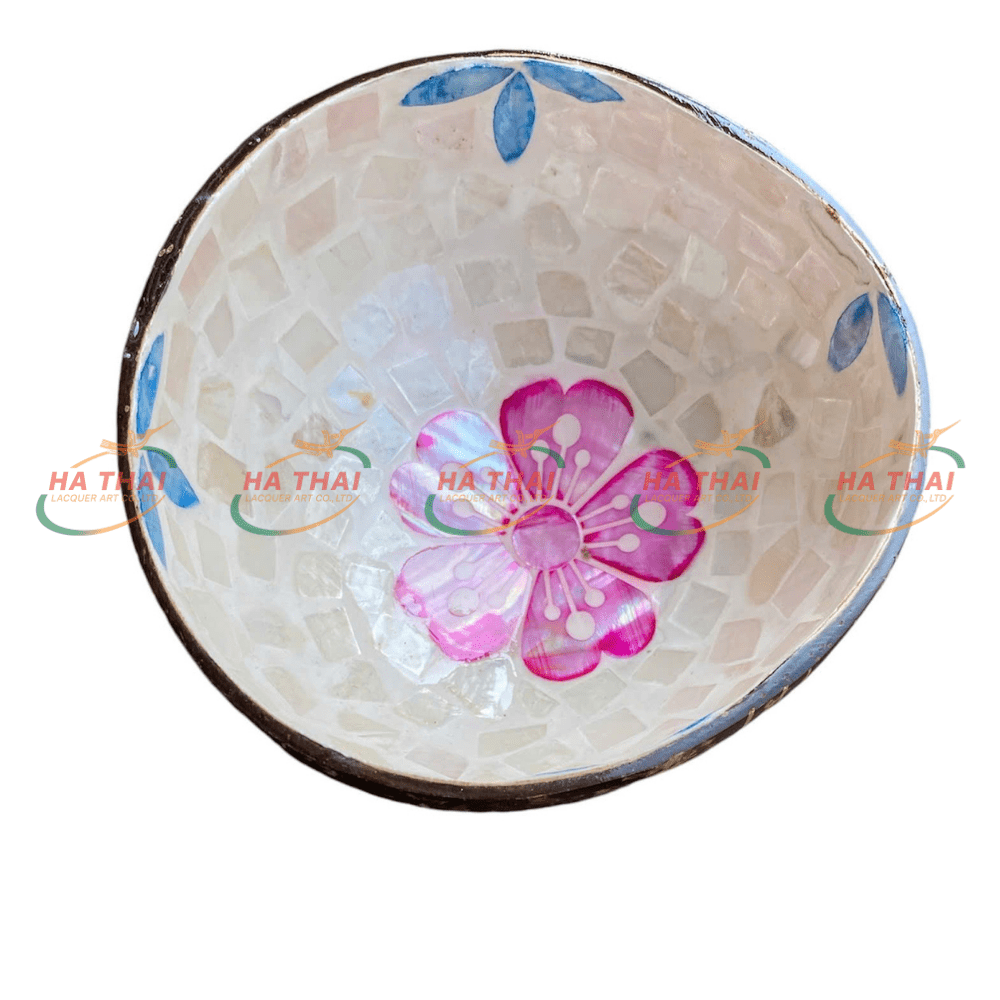 Elegant Pink Flower Pearl Inlay Coconut Bowl - MCB04
