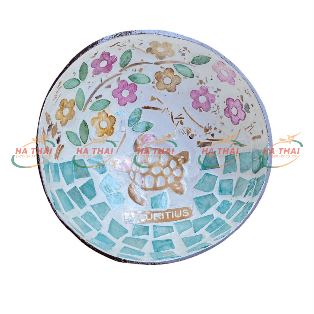 Mauritius Mother of Pearl Inlaid Coconut Bowl – Sea Turtle and Colorful Flowers - MCB13