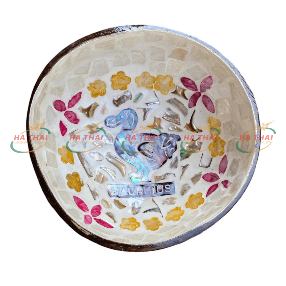 Mauritius Mother-of-Pearl Inlay Coconut Bowl – Dodo Bird & Colorful Floral Motif (MCB19)