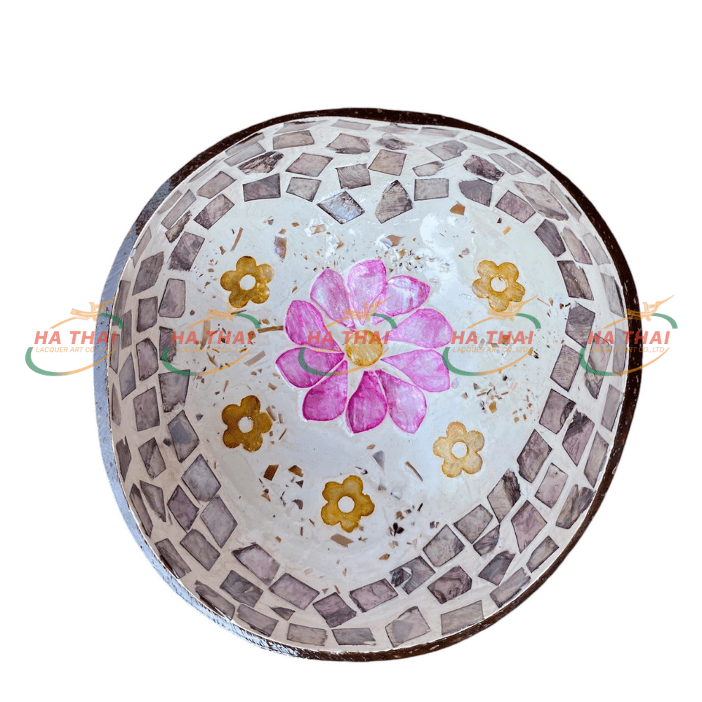 Mother-of-Pearl Coconut Bowl – Pink Lotus & Golden Flowers (MCB20)