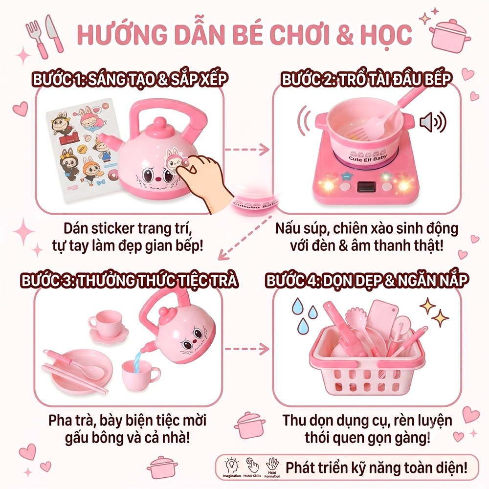 Đồ chơi nhà bếp Labubu hồng 23 món bếp có đèn âm thanh S20-16 PeeKaPaw Toys