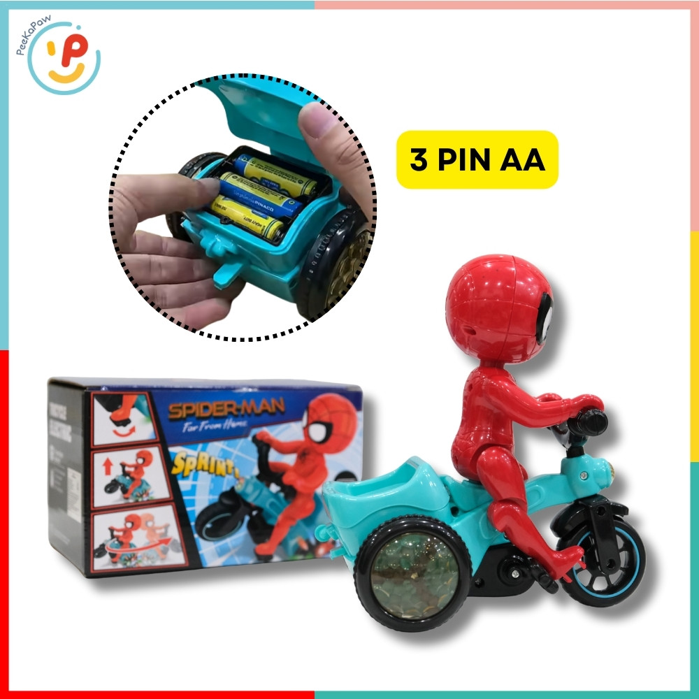 Đồ chơi Spiderman Người Nhện Đạp Xe Có Đèn Nhạc Xoay 360° PeeKaPaw Toys