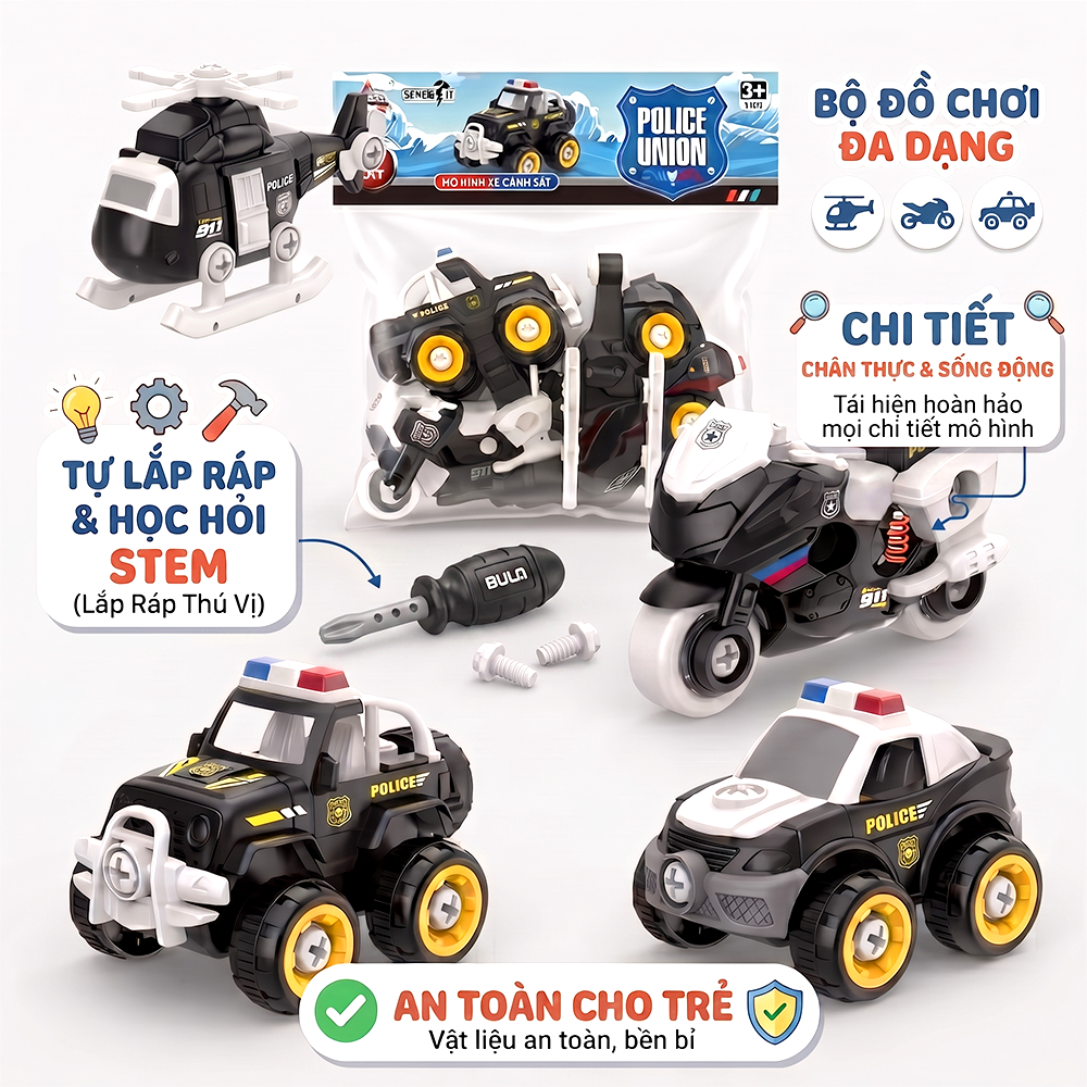 Túi 4 xe cảnh sát chạy đà trớn vặn ốc vít LY076 PeeKaPaw Toys