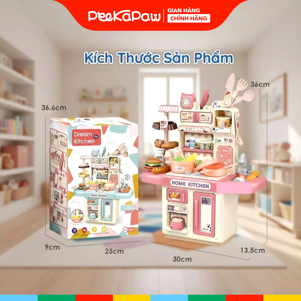Đồ chơi nhà bếp kệ bếp dùng pin có khói bồn rửa thực phẩm cao 36cm PeeKaPaw Toys