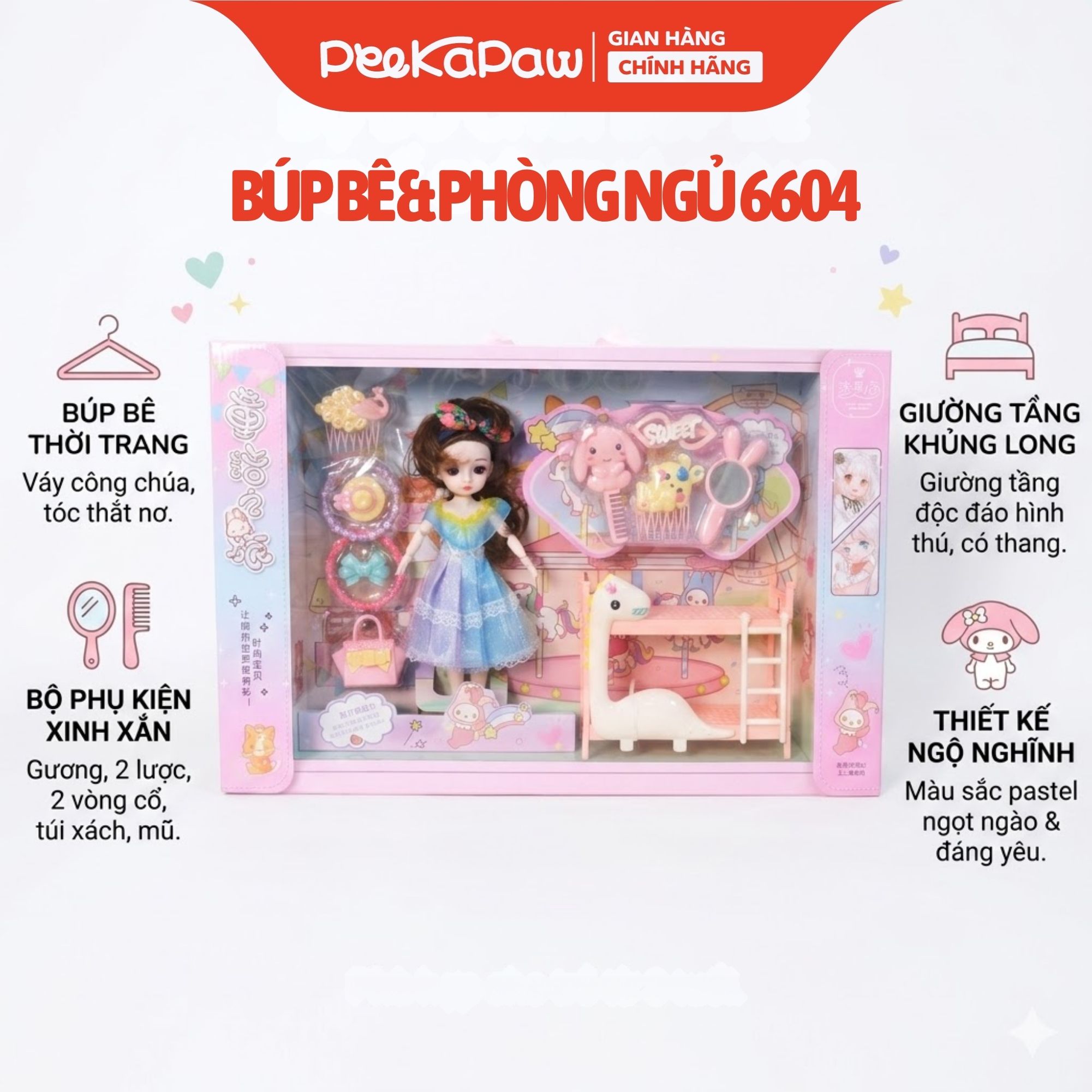 Hộp búp bê công chúa và phụ kiện phòng ngủ khủng long 6604A PeeKaPaw Toys