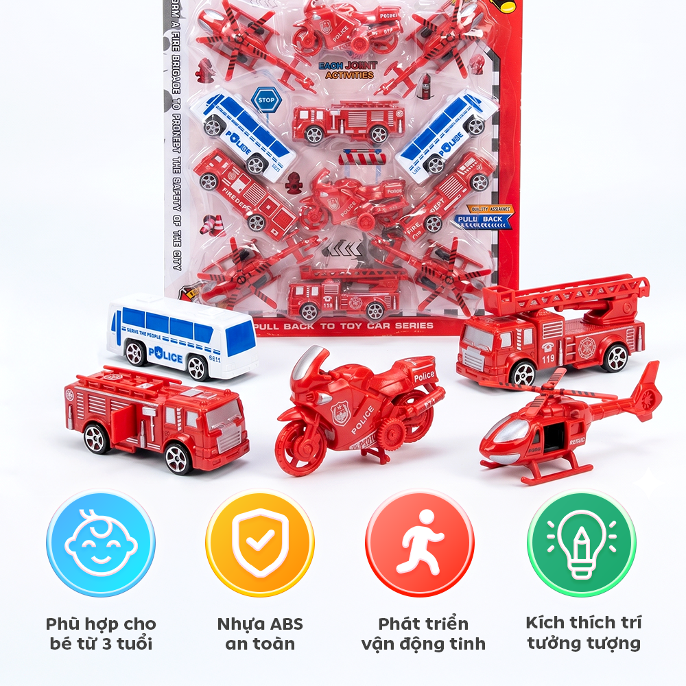 Vỉ 12 xe máy bay cứu hỏa kéo lui kèm phụ kiện giao thông BQ-100 PeeKaPaw Toys