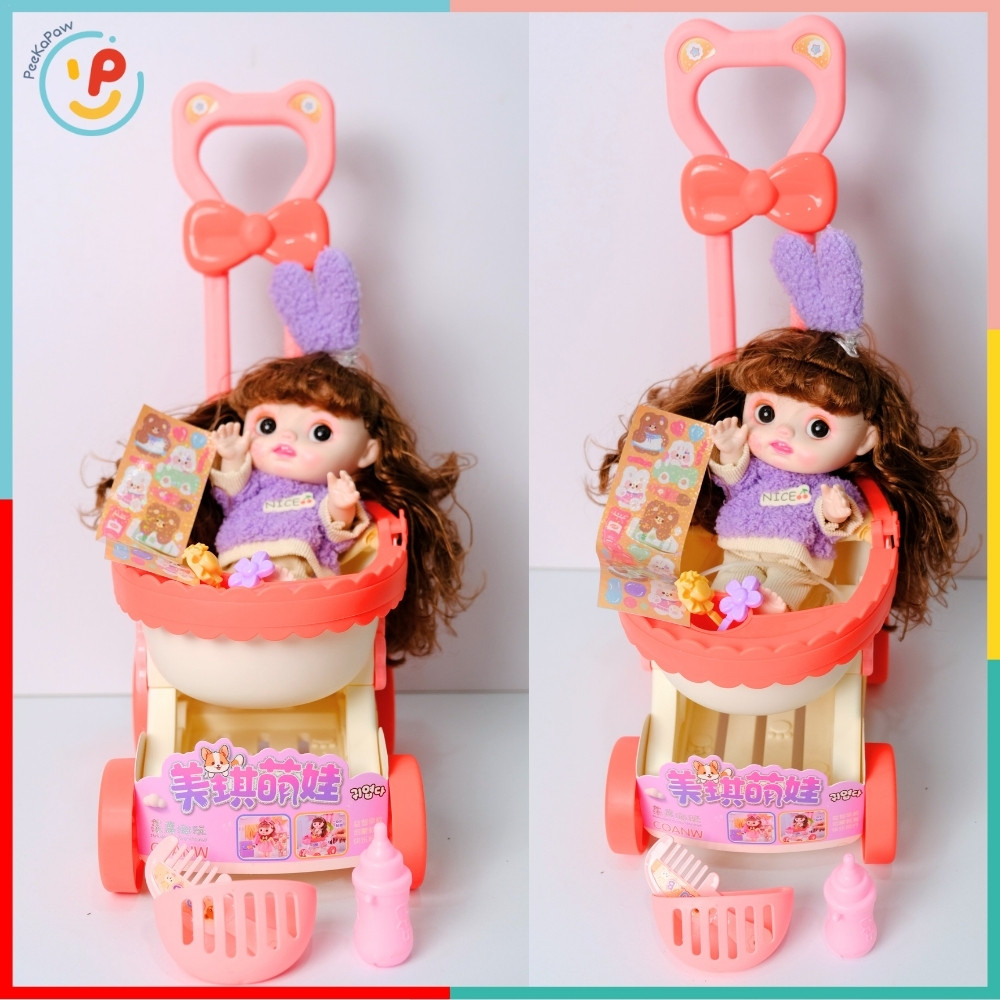 Xe đẩy búp bê kèm phụ kiện bình sữa kẹp tóc 328 PeeKaPaw Toys