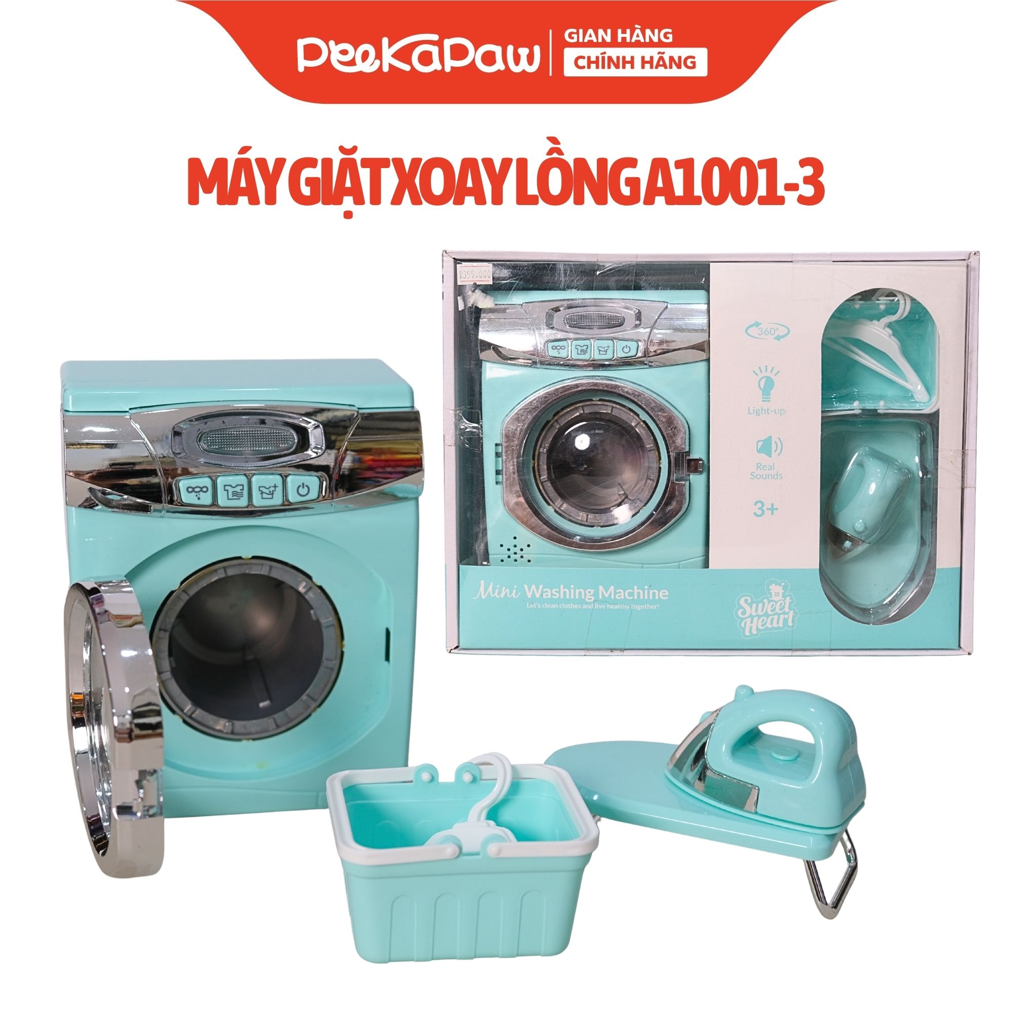 Máy Giặt Đồ Chơi Cho Bé Có Đèn Âm Thanh Kèm Bàn Ủi Rổ Giặt A1001-3 PeeKaPaw Toys