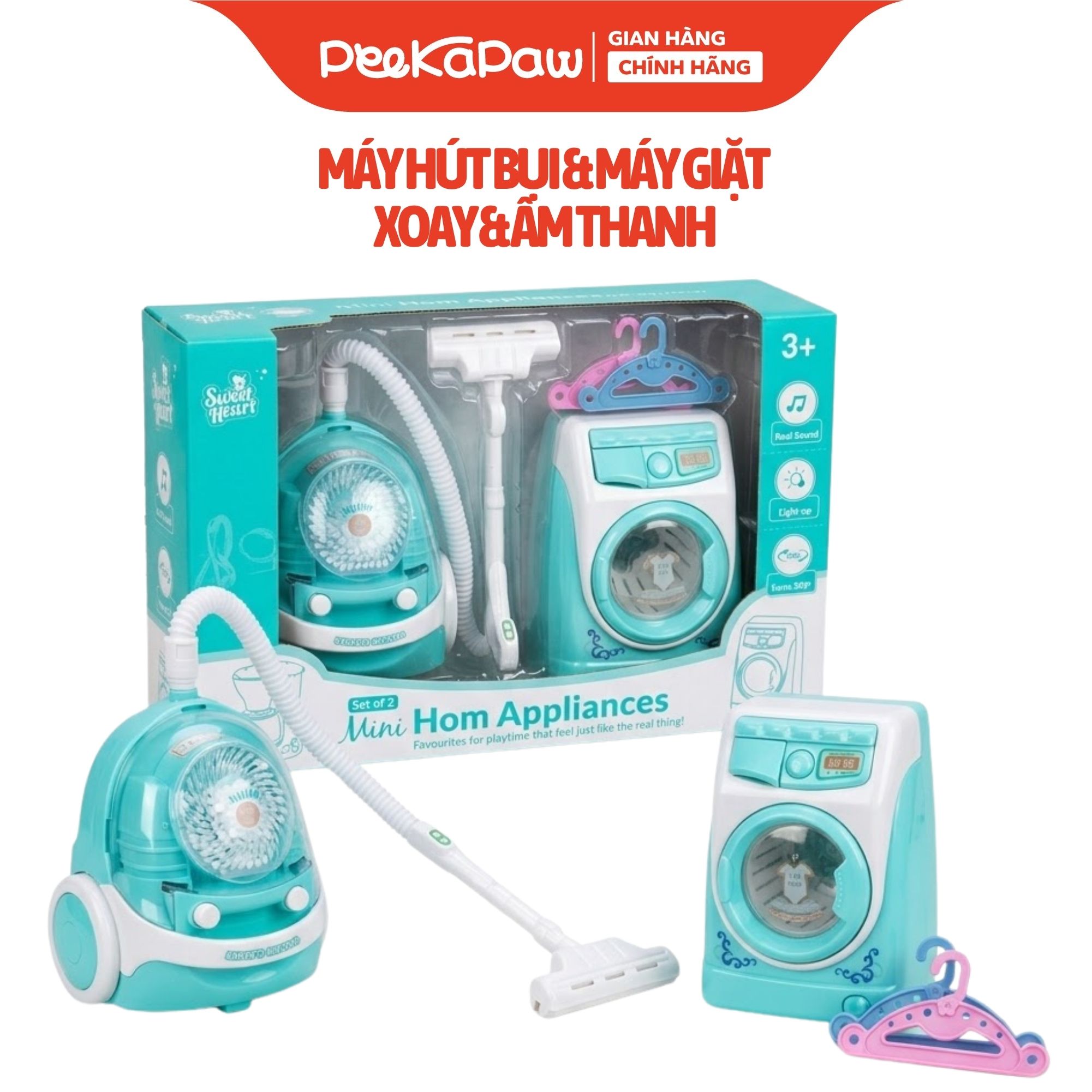 Bộ Máy Hút Bụi Máy Giặt Đồ Chơi Xoay Được Có Đèn Âm Thanh Cho Bé PeeKaPaw Toys