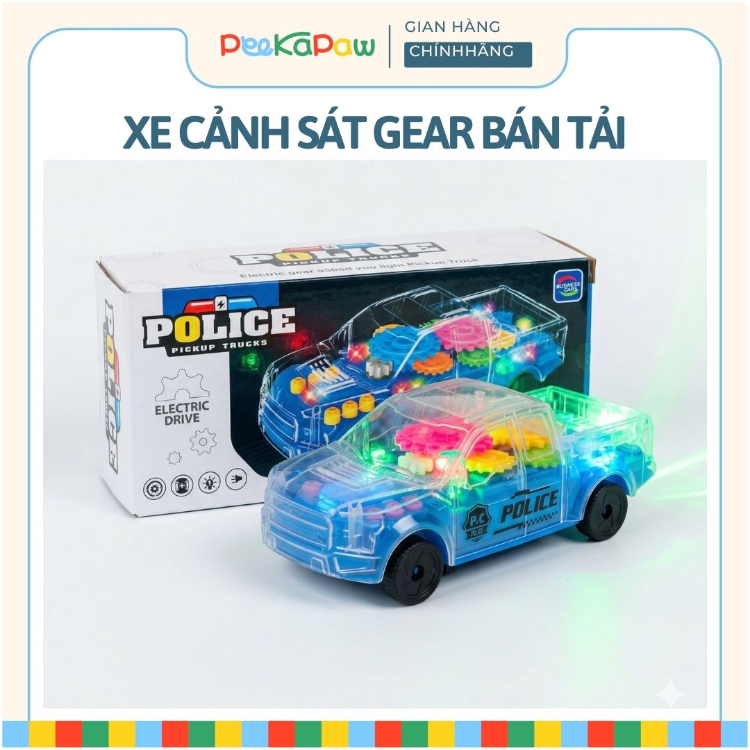 Xe cảnh sát thân trong suốt bánh răng chạy pin có đèn nhạc PeeKaPaw Toys