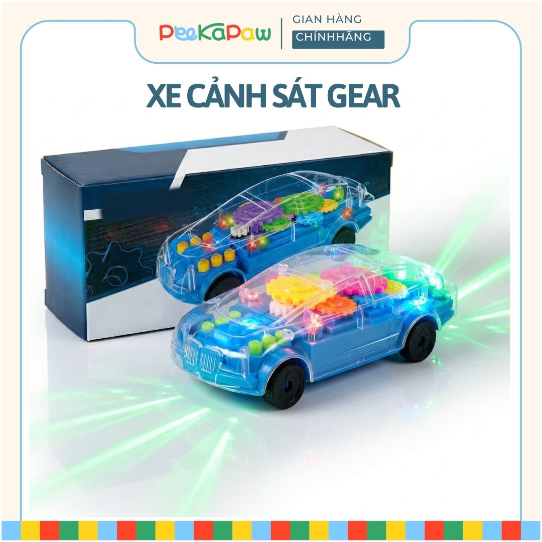 Xe cảnh sát thân trong suốt bánh răng chạy pin có đèn nhạc PeeKaPaw Toys