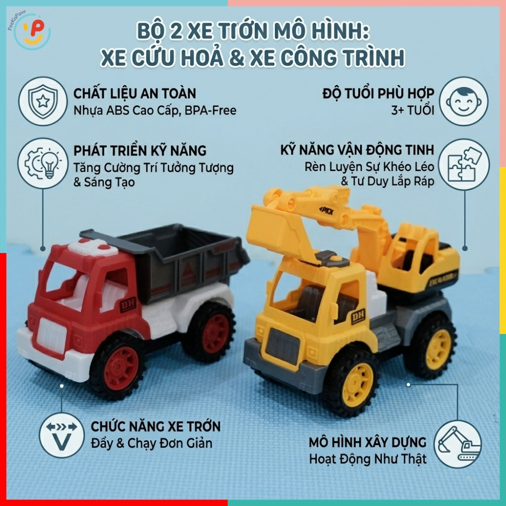 Hộp 2 Xe Công Trình Trớn Xe Ben Xe Cẩu Đồ Chơi Cho Bé 090-85 PeeKaPaw Toys