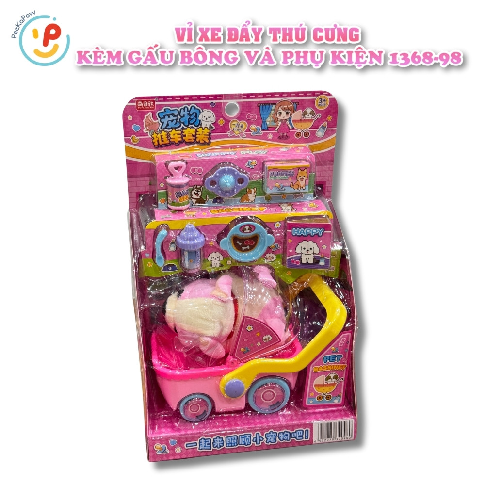 Xe đẩy thú cưng kèm thú bông và phụ kiện 1368-98 đồ chơi nhập vai cho bé gái PeeKaPaw Toys