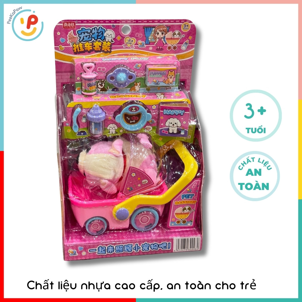 Xe đẩy thú cưng kèm thú bông và phụ kiện 1368-98 đồ chơi nhập vai cho bé gái PeeKaPaw Toys