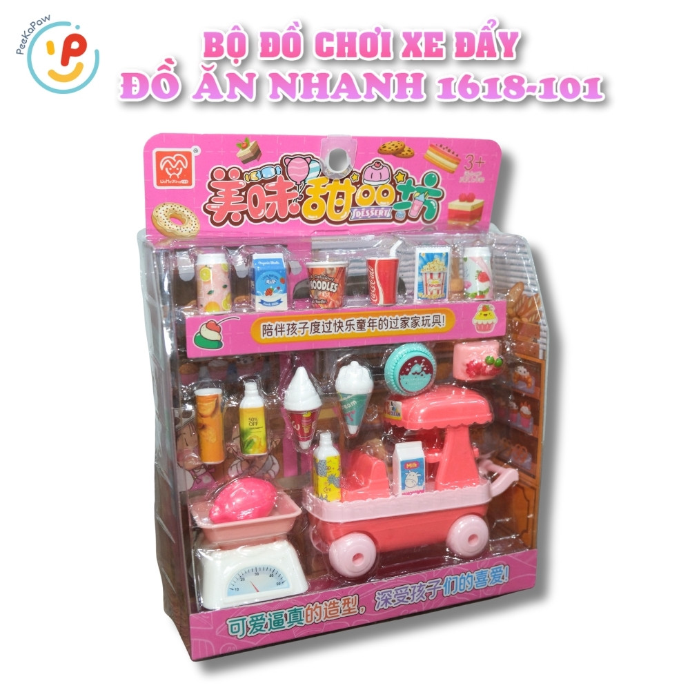 Bộ đồ chơi xe đẩy đồ ăn nhanh 1618-101 kèm phụ kiện siêu thị mini – PeeKaPaw Toys
