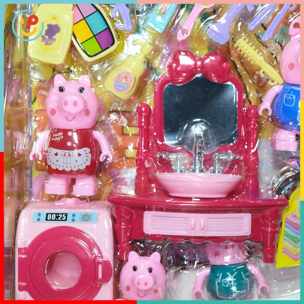 Bộ đồ chơi gia đình heo hồng 8800-11 Play House kèm phụ kiện nhà tắm PeeKaPaw Toys