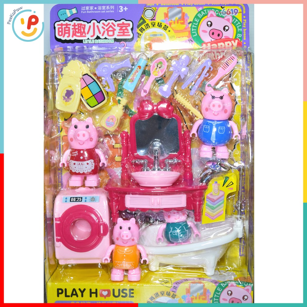 Bộ đồ chơi gia đình heo hồng 8800-11 Play House kèm phụ kiện nhà tắm PeeKaPaw Toys