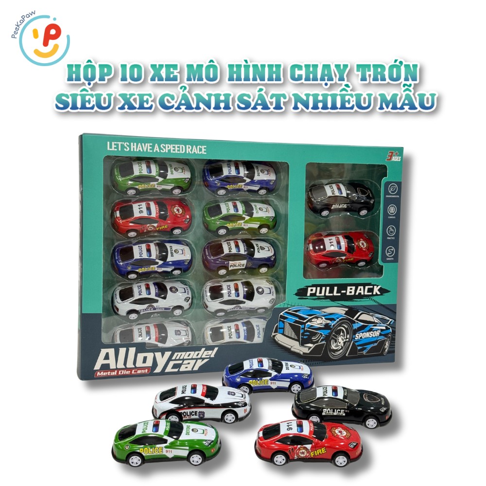 Hộp 12 xe mô hình chạy trớn siêu xe cảnh sát nhiều màu – PeeKaPaw Toys
