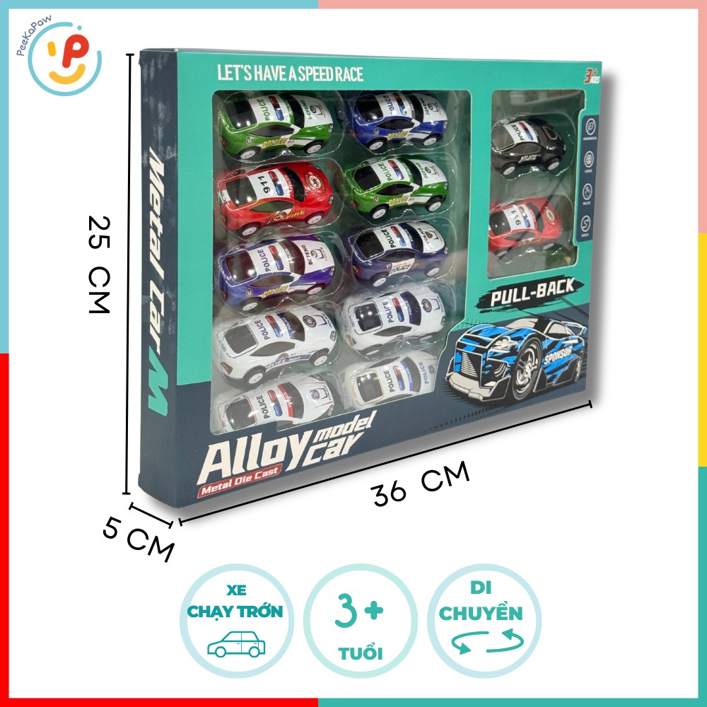 Hộp 12 xe mô hình chạy trớn siêu xe cảnh sát nhiều màu – PeeKaPaw Toys
