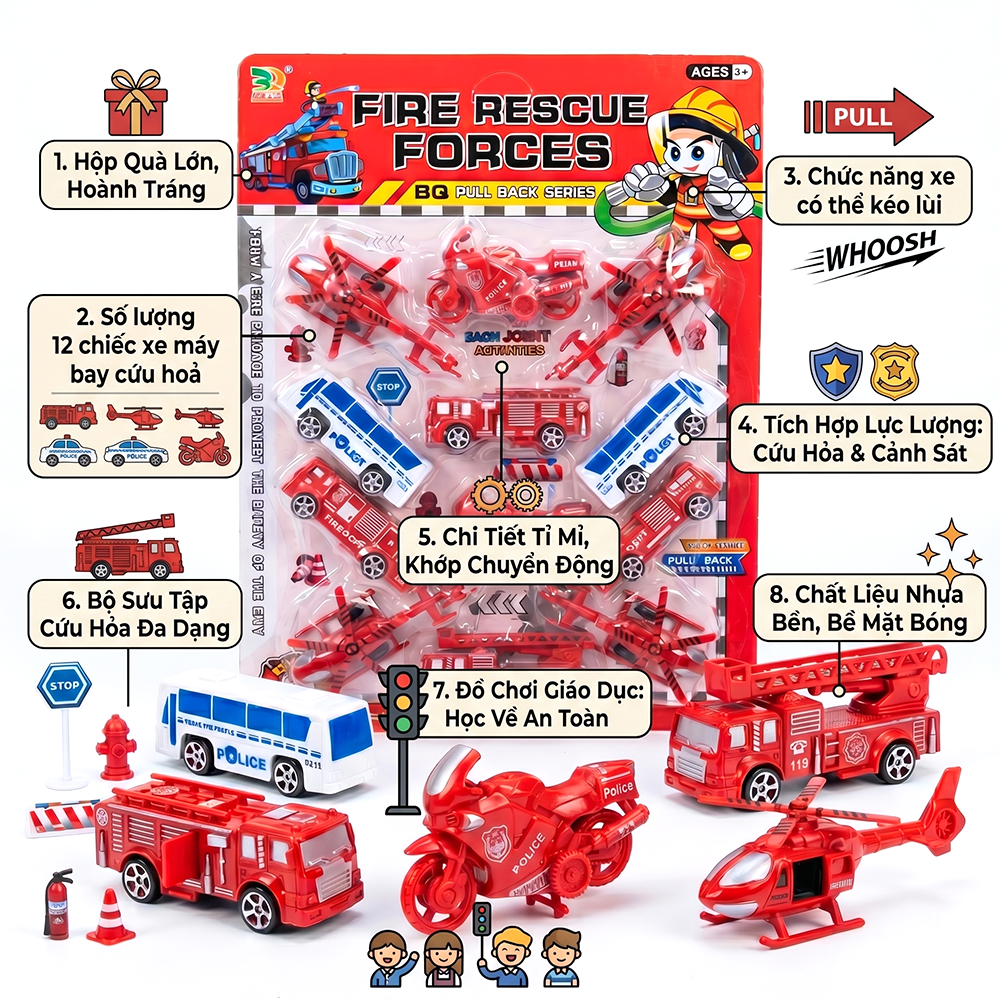 Vỉ 12 xe máy bay cứu hỏa kéo lui kèm phụ kiện giao thông BQ-100 PeeKaPaw Toys