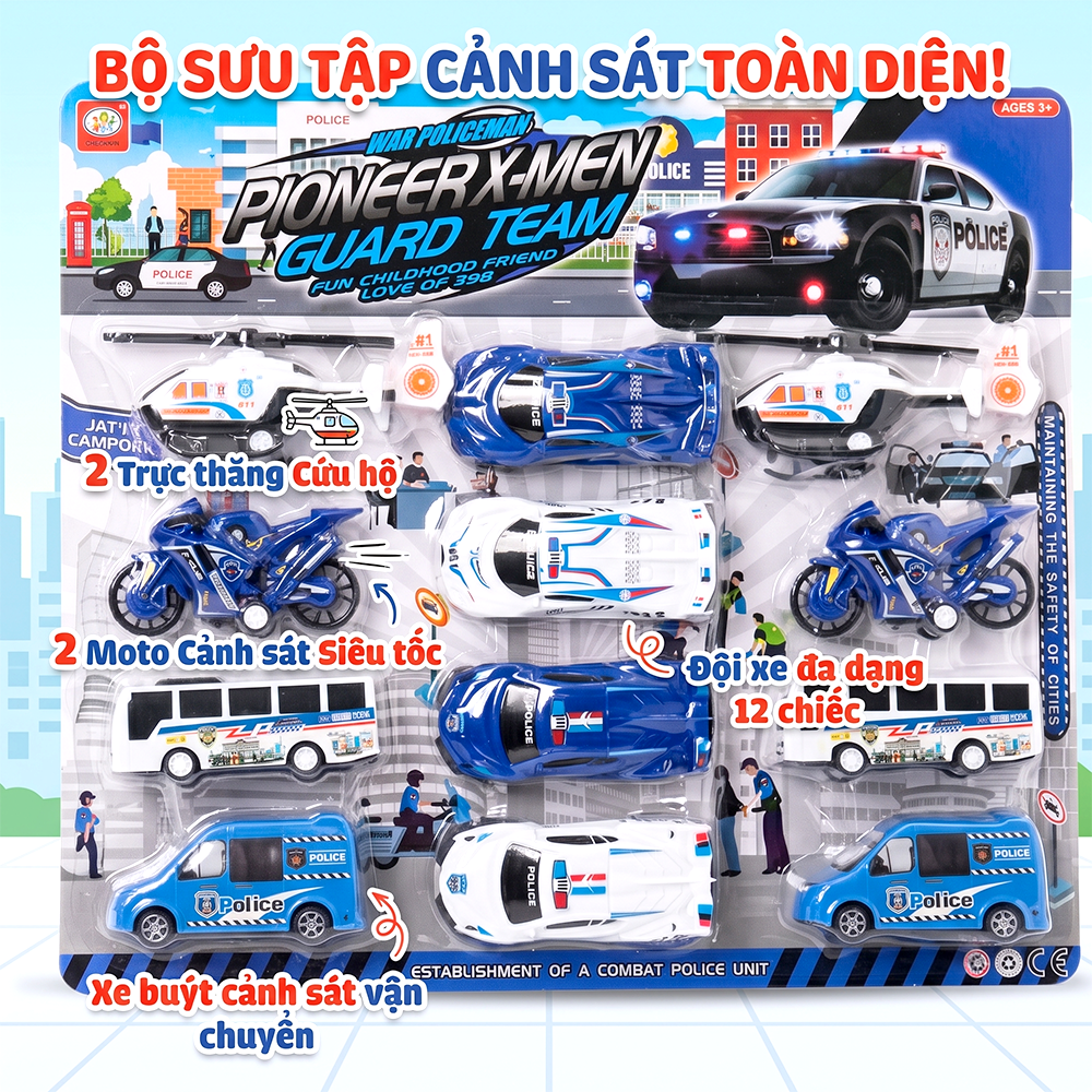 Vỉ 12 chiếc xe cảnh sát và máy bay chạy trớn BQ600-15 PeeKaPaw Toys