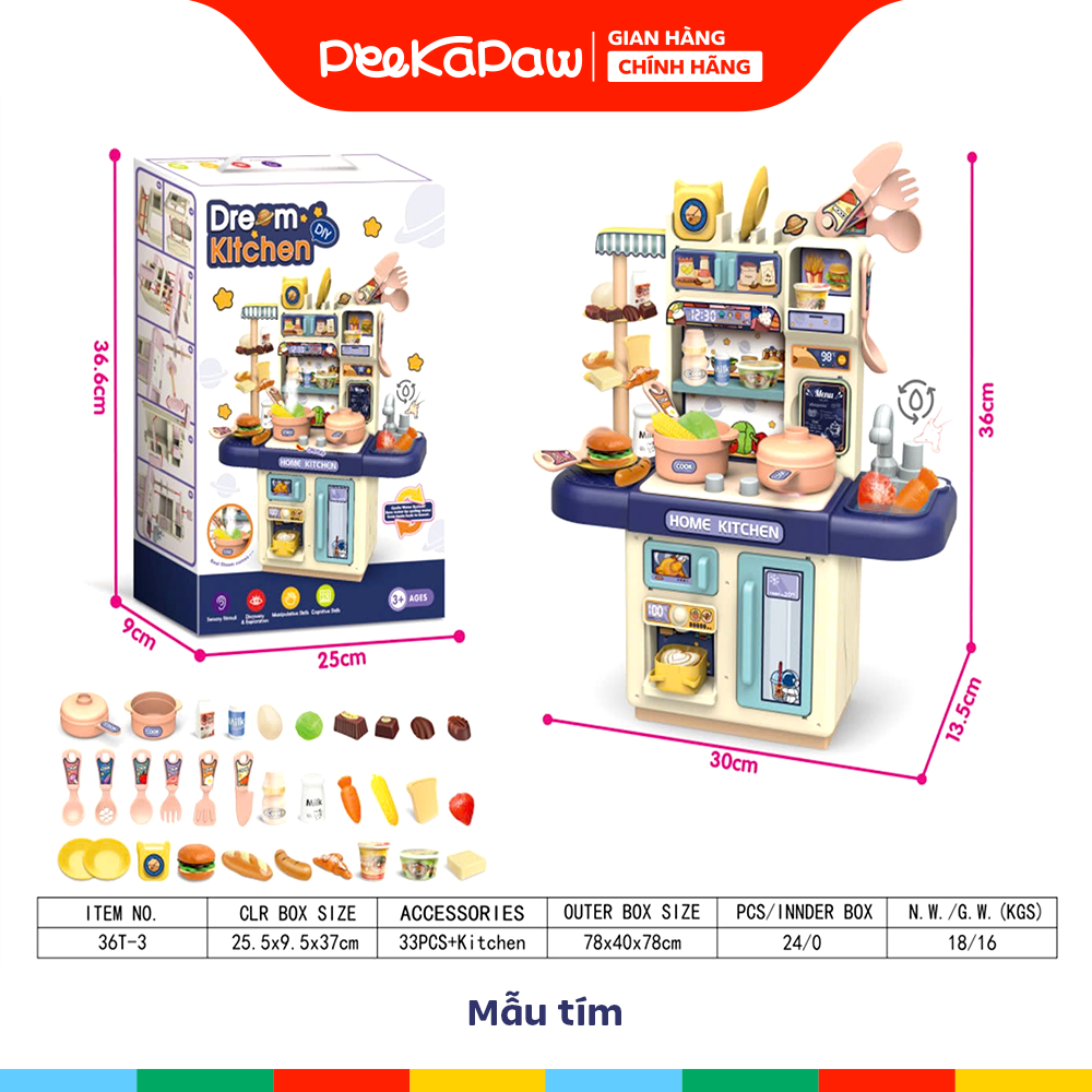 Đồ chơi nhà bếp kệ bếp dùng pin có khói bồn rửa thực phẩm cao 36cm PeeKaPaw Toys
