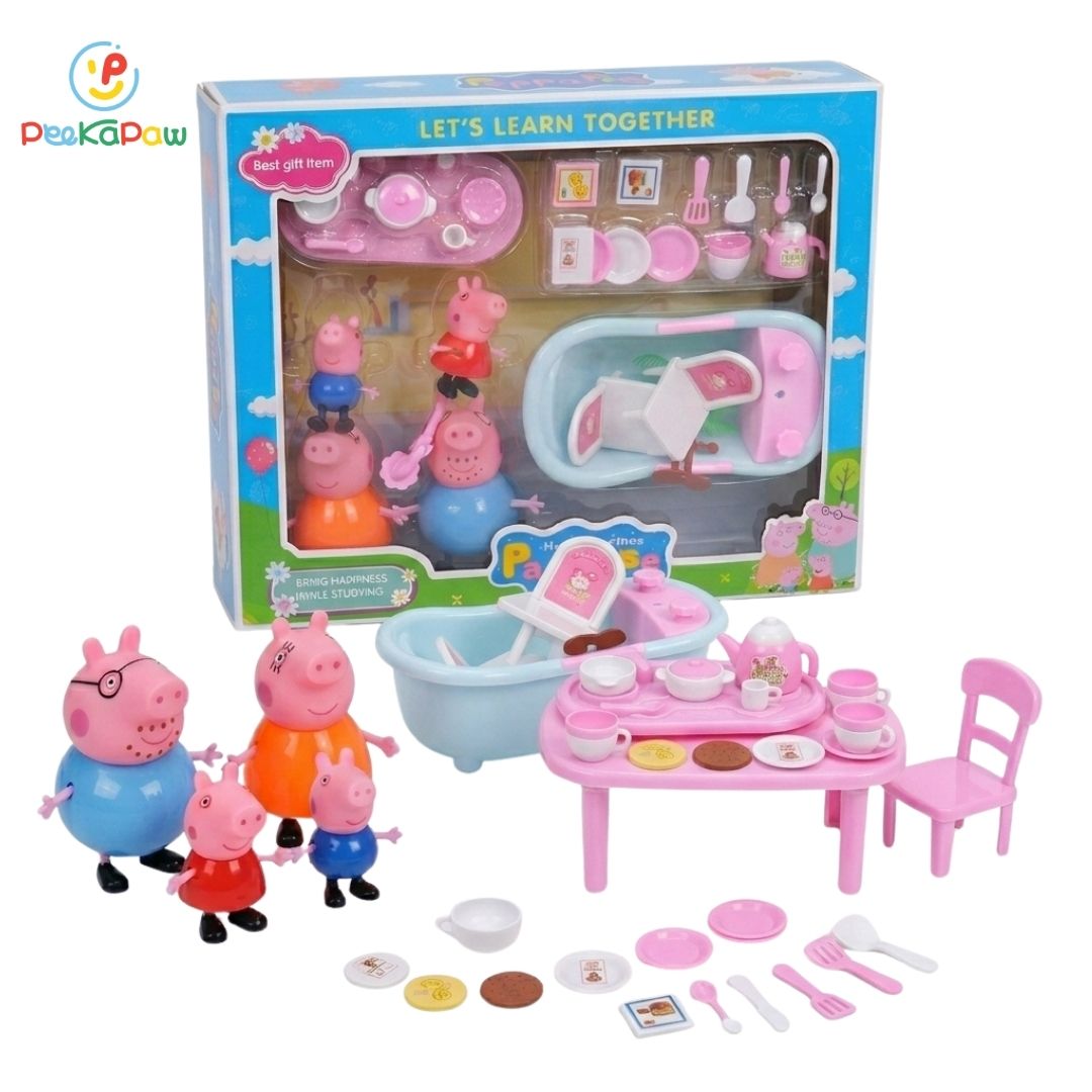 Hộp đồ chơi nhà bếp gia đình heo hồng có bồn tắm tiệc trà 7013 PeeKaPaw Toys