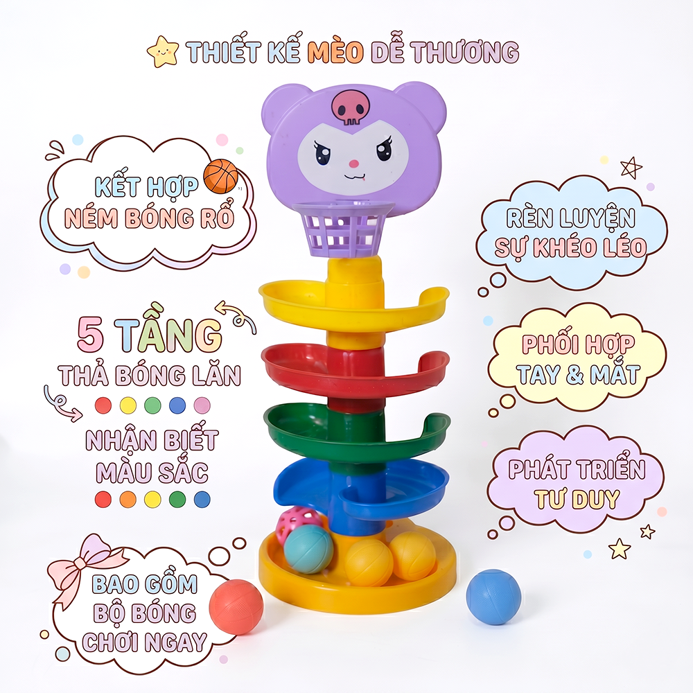 Trò chơi thả bóng cầu thang xoắn mèo tím 5 tầng 029 PeeKaPaw Toys