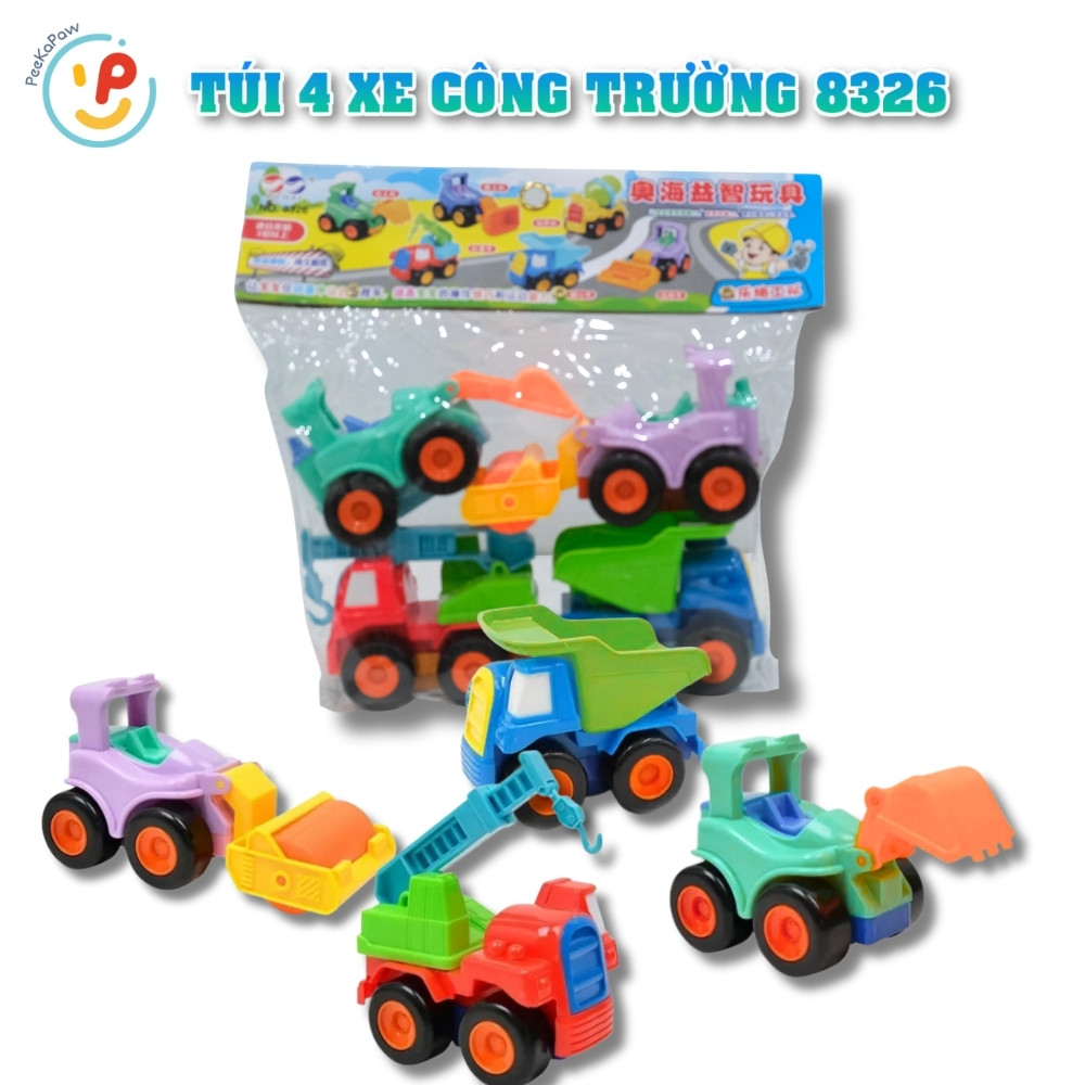 Túi 4 xe công trình chạy trớn màu pastel dễ thương 8326 PeeKaPaw Toys