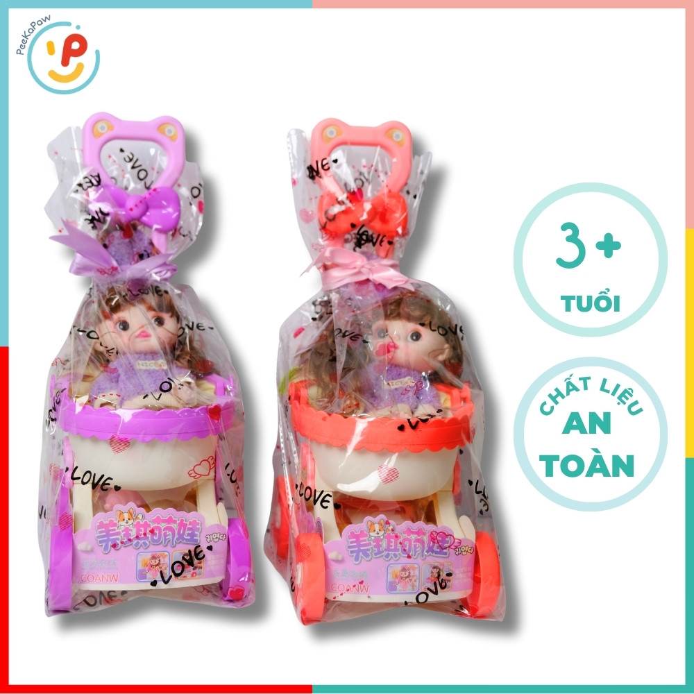 Xe đẩy búp bê kèm phụ kiện bình sữa kẹp tóc 328 PeeKaPaw Toys