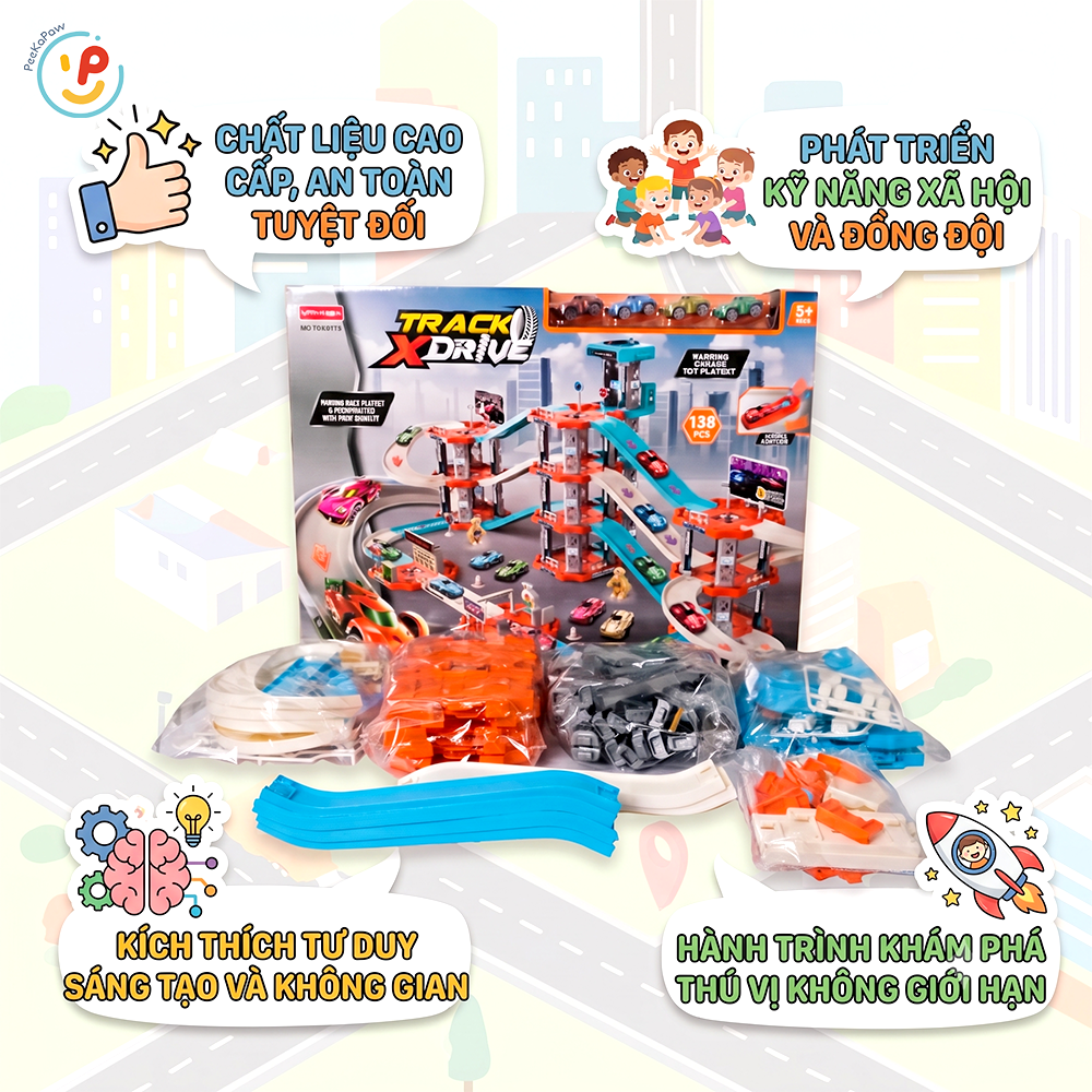 Bộ lắp ráp đường ray xe đua 3 tháp 3 tầng 138 chi tiết 17S PeeKaPaw Toys