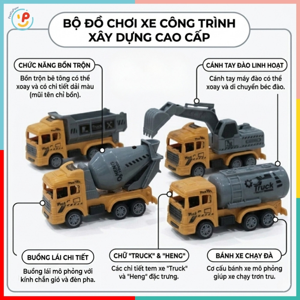 Túi 4 Xe Công Trình Chạy Đà Trớn Mini BQ600-1 PeeKaPaw Toys