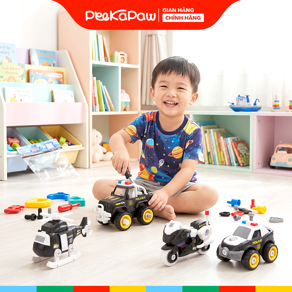 Túi 4 xe cảnh sát chạy đà trớn vặn ốc vít LY076 PeeKaPaw Toys