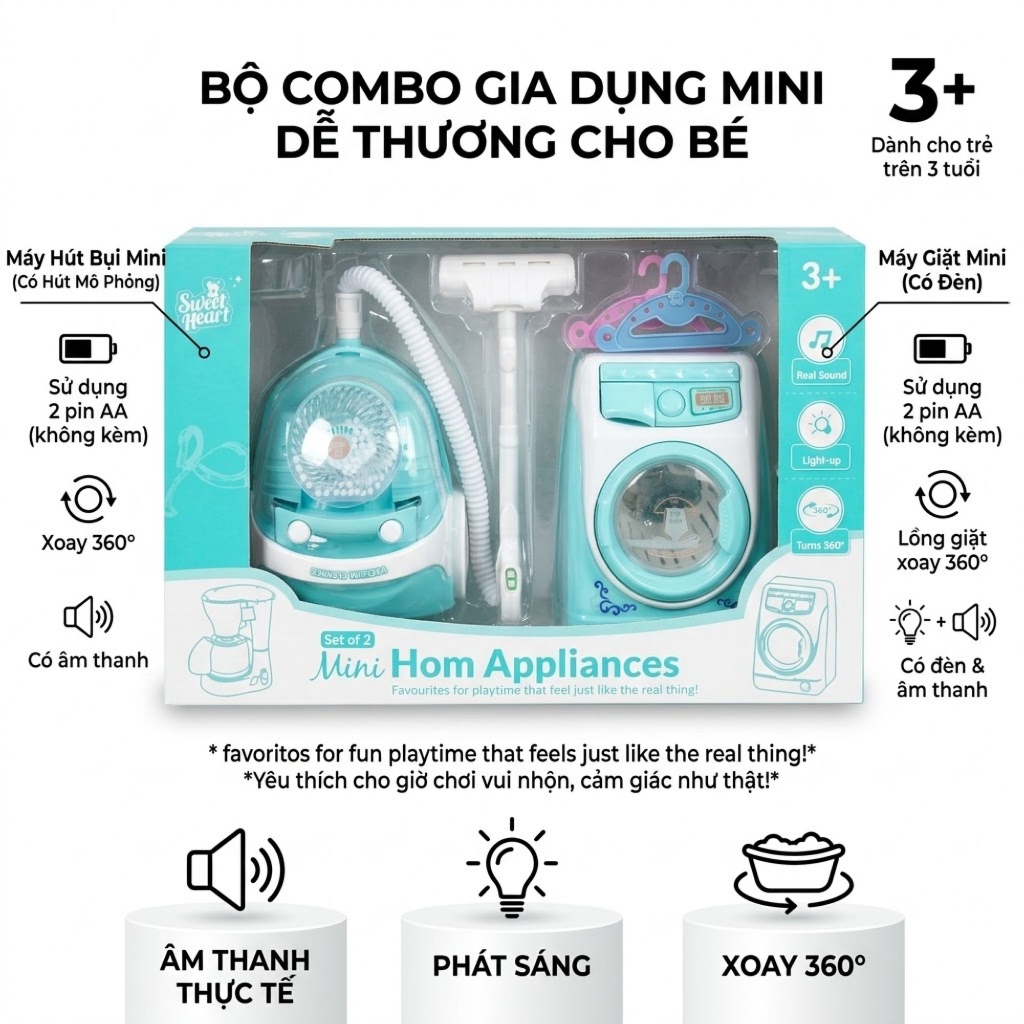 Bộ Máy Hút Bụi Máy Giặt Đồ Chơi Xoay Được Có Đèn Âm Thanh Cho Bé PeeKaPaw Toys